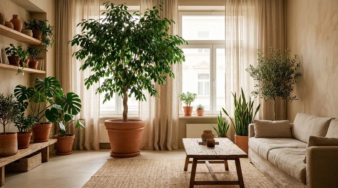 Living luminoso con ficus y plantas en macetas de greda